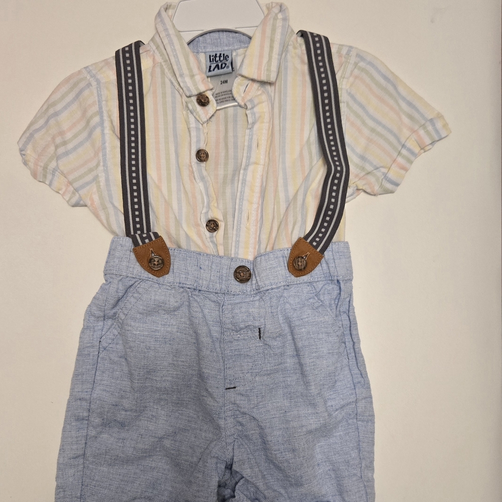 Striped Shirt and Blue Suspender Shorts Set